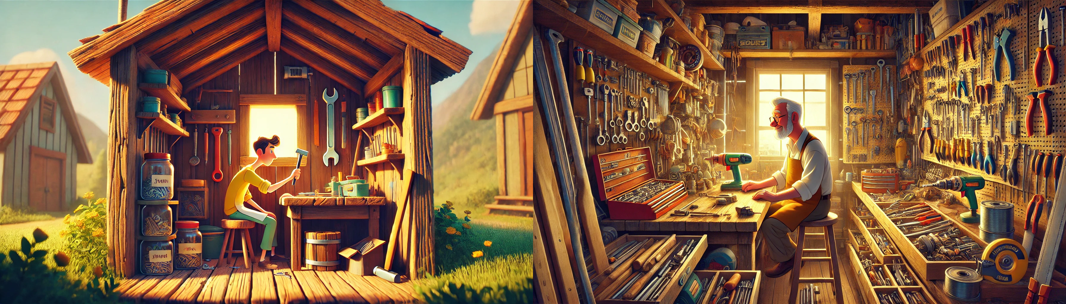 Visual representation of a toolshed filled with various tools representing different mantras and approaches to life